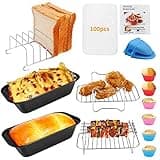 Dual Basket Air Fryer Accessories, 15pcs Set for Ninja DZ401 DZ201 Foodi Dualzone Air Fryers with 100pcs Air Fryer Liners, 2 Non-Stick Pans, Bread,Toasting,Skewer Racks, 6 Cake Cups, 2 Mitts, Recipes